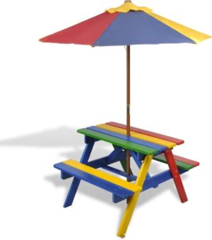vidaXL - Tuintafel 4-kleurige kinderpicknicktafel met bankjes en parasol