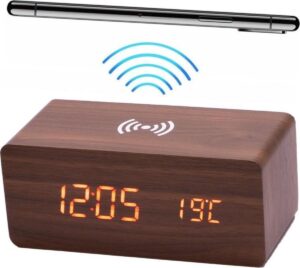 Deluxa Digitale Wekker - Alarmklok houten look & draadloze telefoon oplader - Bruin