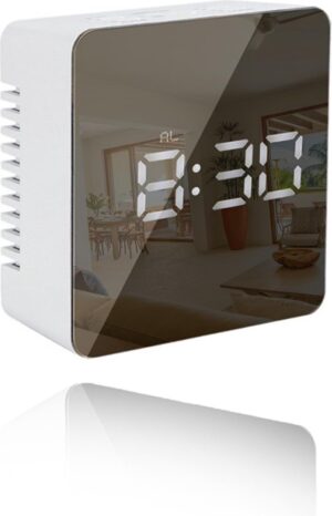 Digitale LED Klok/Wekker - Multifunctionele Wekker met Spiegel en Snoozefunctie - Stevige Kubus Alarmklok - Zwart/Wit