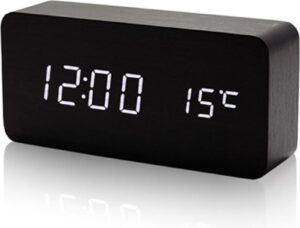 Digitale LED Klok/Wekker - Trendy (Houten Contour) Wekker Met Snoozefunctie - Stevige Alarmklok - Zwart