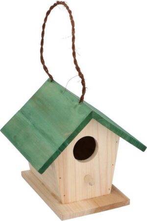 Houten vogelhuisje/nestkastje met groen dak 17 cm - Vogelhuisjes tuindecoraties