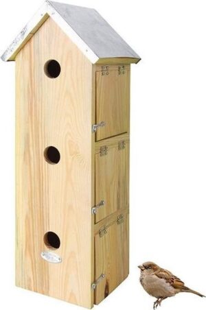 Houten vogelhuisje/nestkastje mussenvilla/mussenflat 51 cm - Tuindecoratie vogelnest nestkast vogelhuisjes