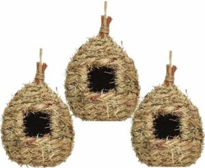Set van 3 vogelhuisjes/nestkastjes druppelvorm van stro 23 cm - Vogelhuisjes tuindecoraties