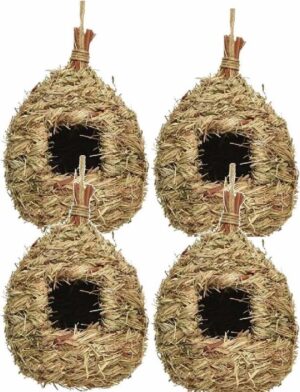 Set van 4 vogelhuisjes/nestkastjes druppelvorm van stro 23 cm - Vogelhuisjes tuindecoraties