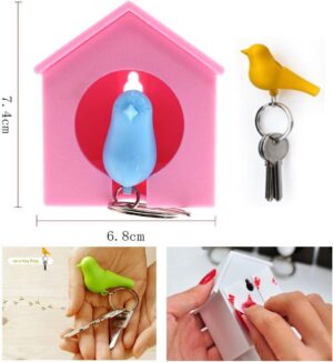 Sleutelhanger vogelhuisje Roze huisje met gele vogel sleutelhouder