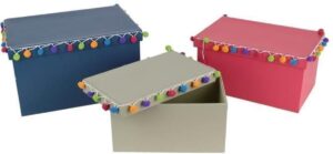 THE HOME DECO FABRIEK Set van 3 nestkasten - met pompons - grijs, roze en blauw