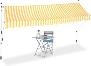 relaxdays markies verstelbaar - klem-zonwering - zonnescherm balkon zonder boren geel-wit 400 x 120 cm