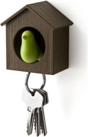 sleutelhanger Vogelhuisje bruin huisje met groene vogel sleutelhouder