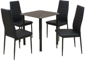 Complete Eettafel set Zwart 5 delig met glazen tafel (Incl Dienblad) - Eet tafel + 4 Eetstoelen - DIneertafel - Eettafelstoelen - Eetkamerstoelen - Eethoek 4 persoons