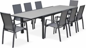 Washington set, 1 tafel met een verlengstuk, 8 fauteuils uit aluminium en textileen